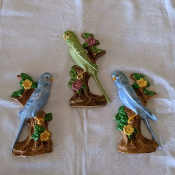 Three Vintage Chalkware Parrots Handmade